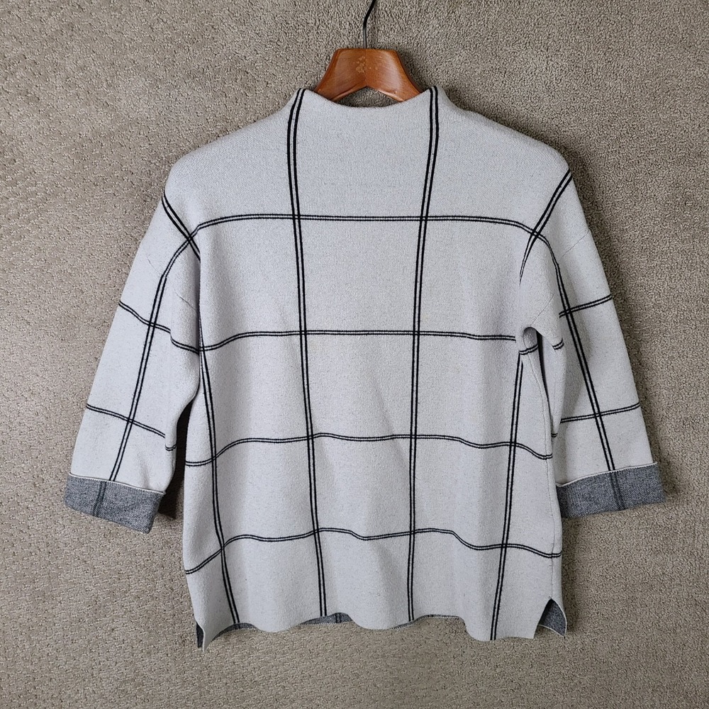 Tahari Sweater Womens Medium Gray Plaid Mock‎ Neck 3/4 Sleeve Viscose Casual
